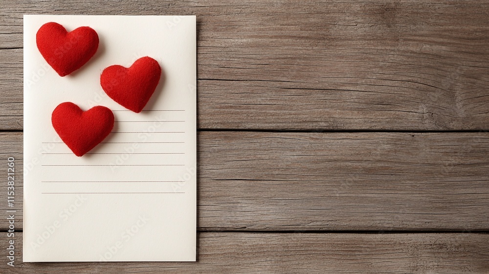 Blank notepad with three red hearts on rustic wood. Blank notepad with three red hearts on rustic wood.