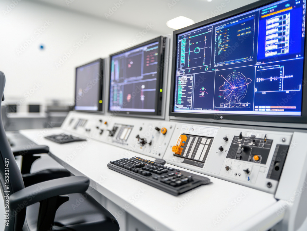 High tech mission control center with multiple screens and controls High tech mission control center with multiple screens and controls