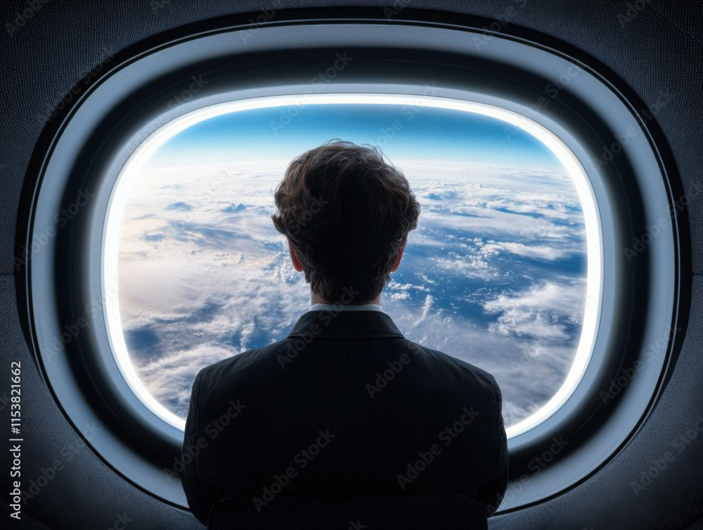 person gazes out of spacecraft window, admiring Earth from above person gazes out of spacecraft window, admiring Earth from above