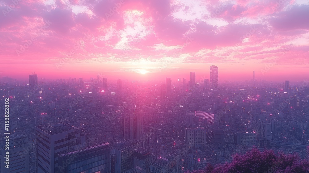 Obraz premium A vibrant sunset over a cityscape, bathed in pink hues and atmospheric light.