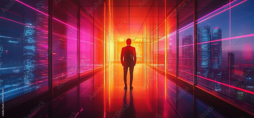 A silhouetted figure stands in a futuristic corridor with vibrant neon lights. A silhouetted figure stands in a futuristic corridor with vibrant neon lights.