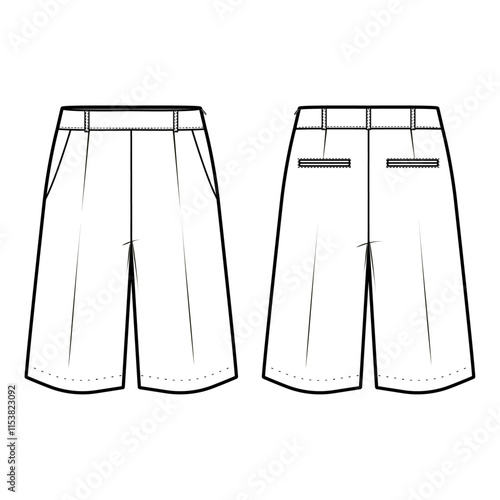 Technical flat sketch of short pants. Wide leg shorts with side pockets and welt pockets. 