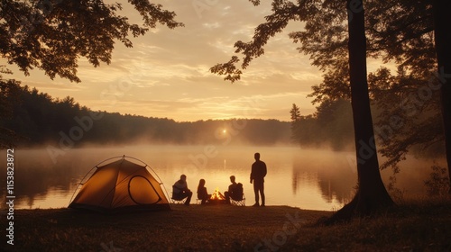 Family camping by the lake at sunset, silhouette of tent and family sitting around campfire, copy space concept for blur effect of outdoor adventure activity
