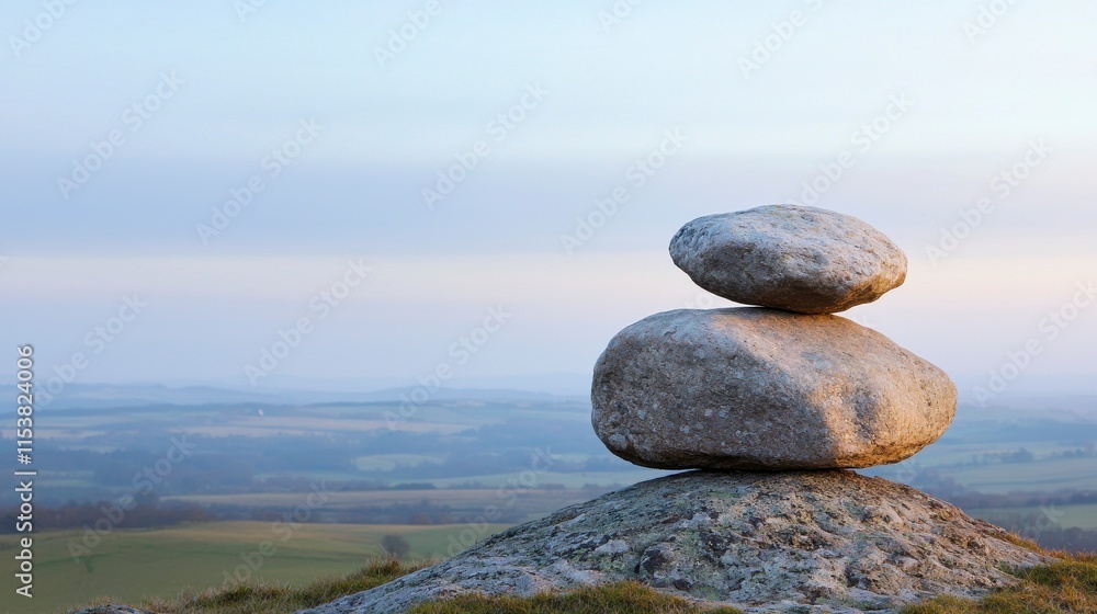 Tranquil Landscape with Balanced Stones on a Hilltop at Sunrise, Showcasing Natural Beauty and Serenity in the Countryside Tranquil Landscape with Balanced Stones on a Hilltop at Sunrise, Showcasing Natural Beauty and Serenity in the Countryside
