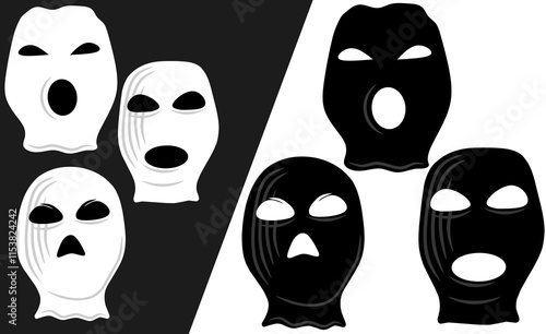 Vector isolated balaclava thief hat or mask with holes for eyes and mouth colorless black and white line silhouette shadow,isolated white background design element