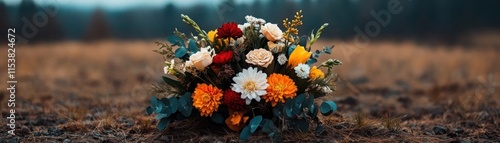 Wallpaper Mural A poignant display of floral tributes on a windswept hill, mourning farewell united with the natural world This image captures a beautiful bouquet placed on a hill, its vibrant colors standing out Torontodigital.ca