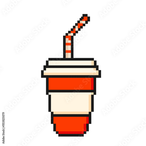 Pixel art orange and white soda cup with striped straw isolated on white background. Vintage game assets 8-bit sprite. 80s-90s, digital vintage game style.