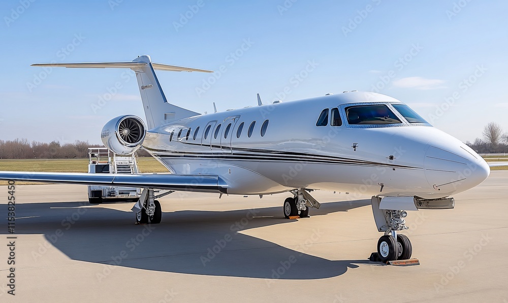 A sleek private jet parked on an airport tarmac under a clear sky. A sleek private jet parked on an airport tarmac under a clear sky.