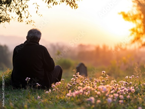 Captured in poignant stillness a solitary figure at a gravesite, mourning silence speaking volumes of loss, amidst a serene sunset landscape this powerful image evokes themes of remembrance, grief photo