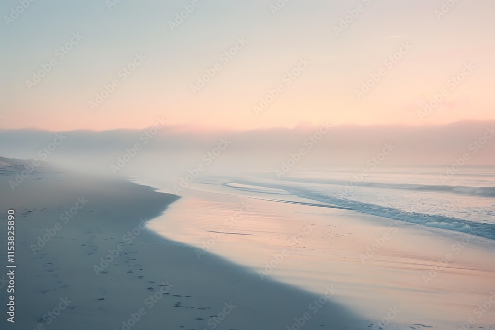A beach at sunrise with soft light casting a warm glow on the sand, calm waves, and a misty horizon A beach at sunrise with soft light casting a warm glow on the sand, calm waves, and a misty horizon