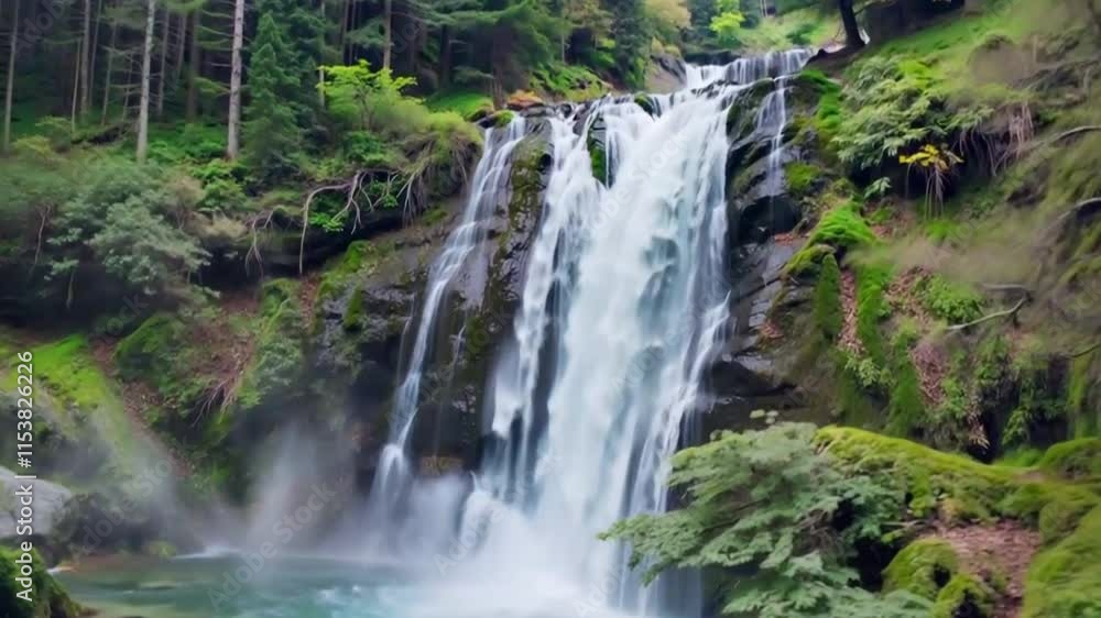 Beautiful waterfall flowing through a lush green forest Beautiful waterfall flowing through a lush green forest