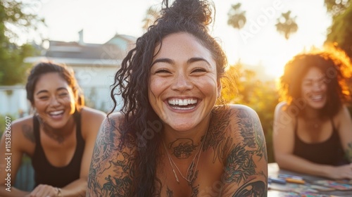 Capture the joy of friendship with this image of three friends, engaged in laughter, fostering connection and fun, though not explicitly around a table with board games, the image radiates the warmth photo