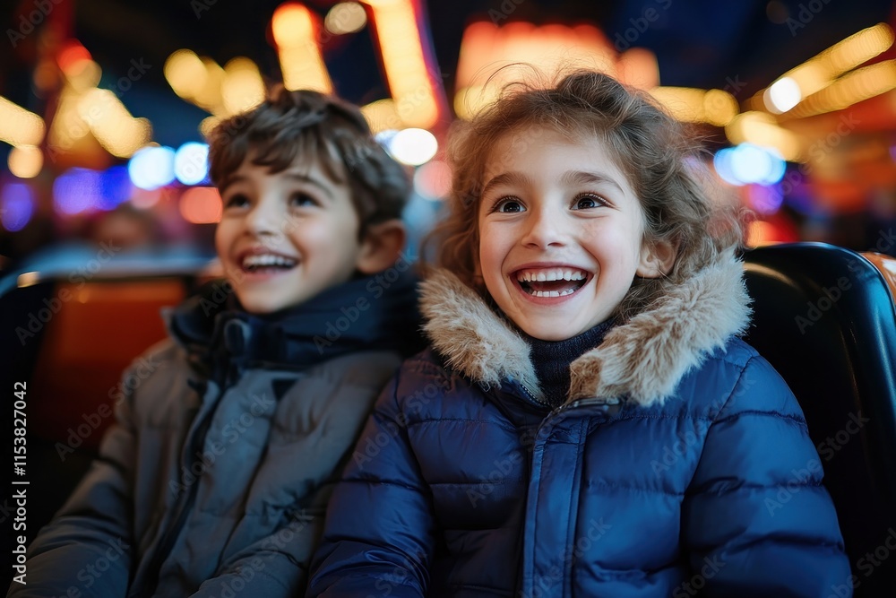 Capture the pure joy of childhood with this vibrant image of kids laughing on a carnival ride, surrounded by bright lights and colorful surroundings, celebrating a day of fun and creating Capture the pure joy of childhood with this vibrant image of kids laughing on a carnival ride, surrounded by bright lights and colorful surroundings, celebrating a day of fun and creating