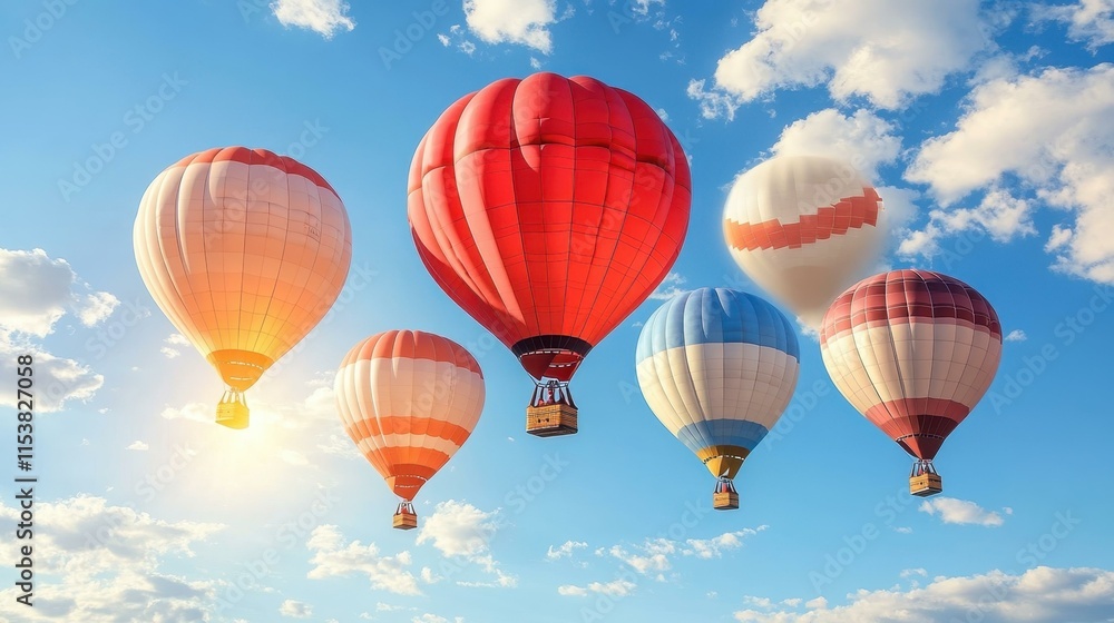 Obraz premium Bright colorful hot air balloons floating in blue sky with white clouds, perfect for travel adventure, vacation, outdoor fun, summer festival, scenic landscape, uplifting atmosphere, clear sunny day