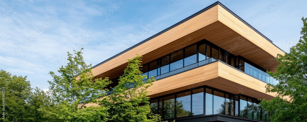 Fototapeta premium Capture the serene beauty of a modern educational complex exterior, harmoniously blending architectural design with natural surroundings The innovative building stands gracefully amidst lush