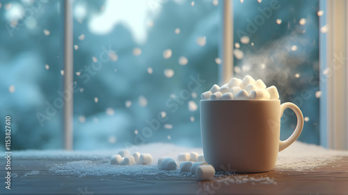 Warm mug of hot cocoa topped with marshmallows, sitting on a snowy windowsill with a winter backdrop.