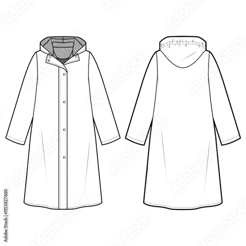 
Technical flat sketch of Padded warm down jacket. Winter zipper Long hoodie dress flap button pockets details drawstring.