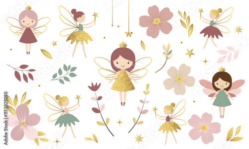 Set of little fairies and botanical elements. Golden dress. Cute fairies. Fabulous spring collection