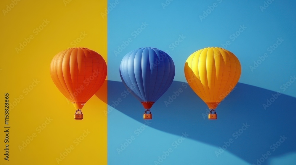 Fototapeta Three colorful hot air balloons orange blue yellow flying in clear sky perfect for travel adventure vacation background summer bright sunny day vibrant atmosphere clouds