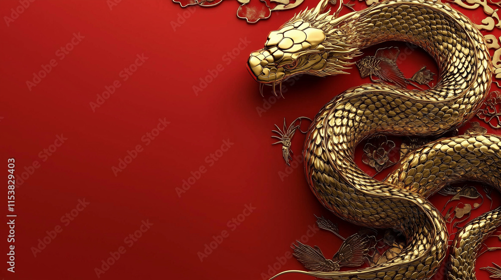 Obraz premium 3D Golden Snake on Red Background, Chinese New Year Celebration, with Intricate Patterns and Copy Space. High-resolution studio photo with sharp focus.