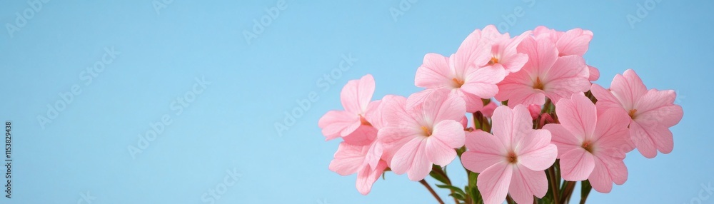 Fresh pink flowers against a soft blue background.
