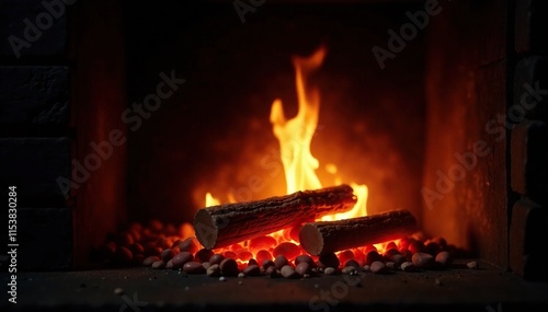 Softly flickering flames dance across the hearth, inviting ambiance, crackling sound photo