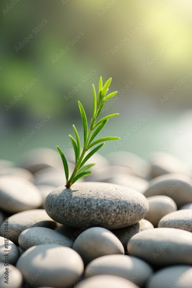 Obraz premium serenity of rosemary on pebbles in a neutral background, serene landscape, wellness retreat, soothing ambiance