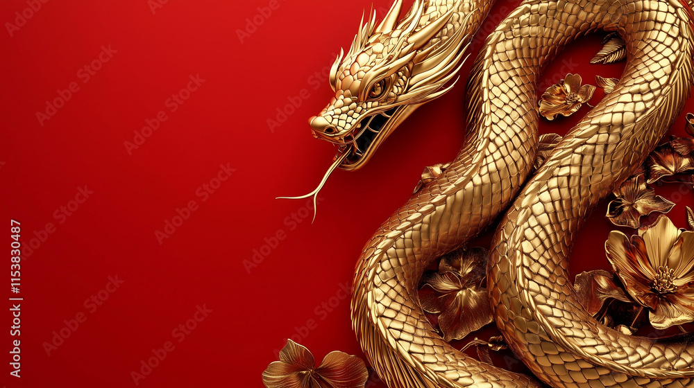 3D Golden Snake on Red Background, Chinese New Year Celebration, with Intricate Patterns and Copy Space. High-resolution studio photo with sharp focus. 3D Golden Snake on Red Background, Chinese New Year Celebration, with Intricate Patterns and Copy Space. High-resolution studio photo with sharp focus.