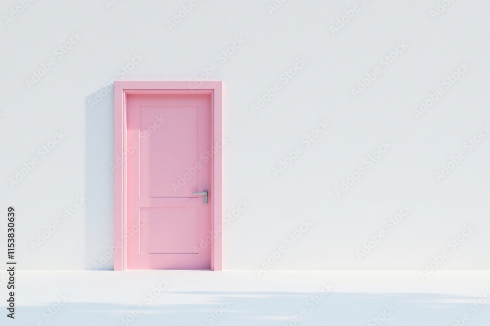 Pink door in a vast empty white space with subtle hint of blue sky above, soothing effect, empty white space Pink door in a vast empty white space with subtle hint of blue sky above, soothing effect, empty white space
