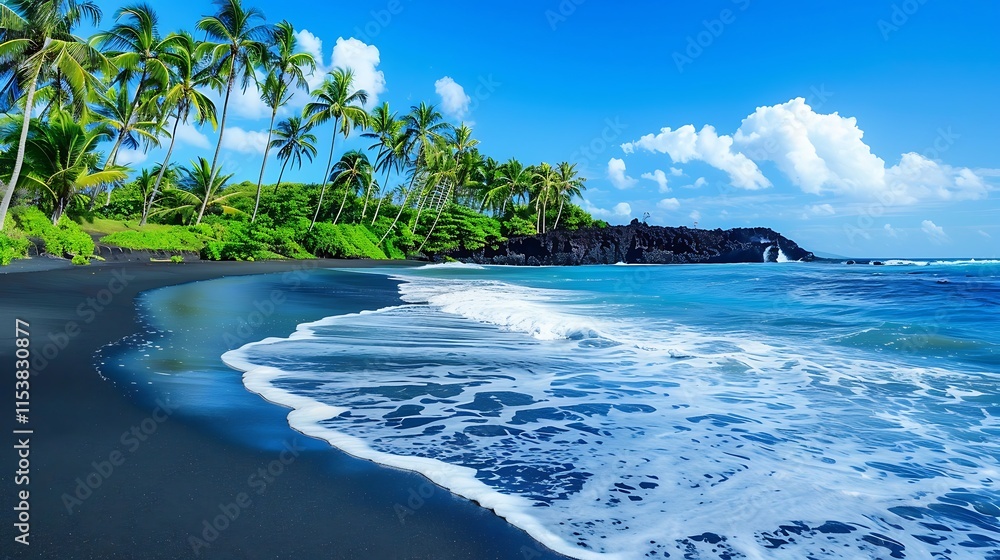 Obraz premium A beach with black volcanic sand, bright green palm trees, and a vibrant blue ocean, contrasting the dark sand
