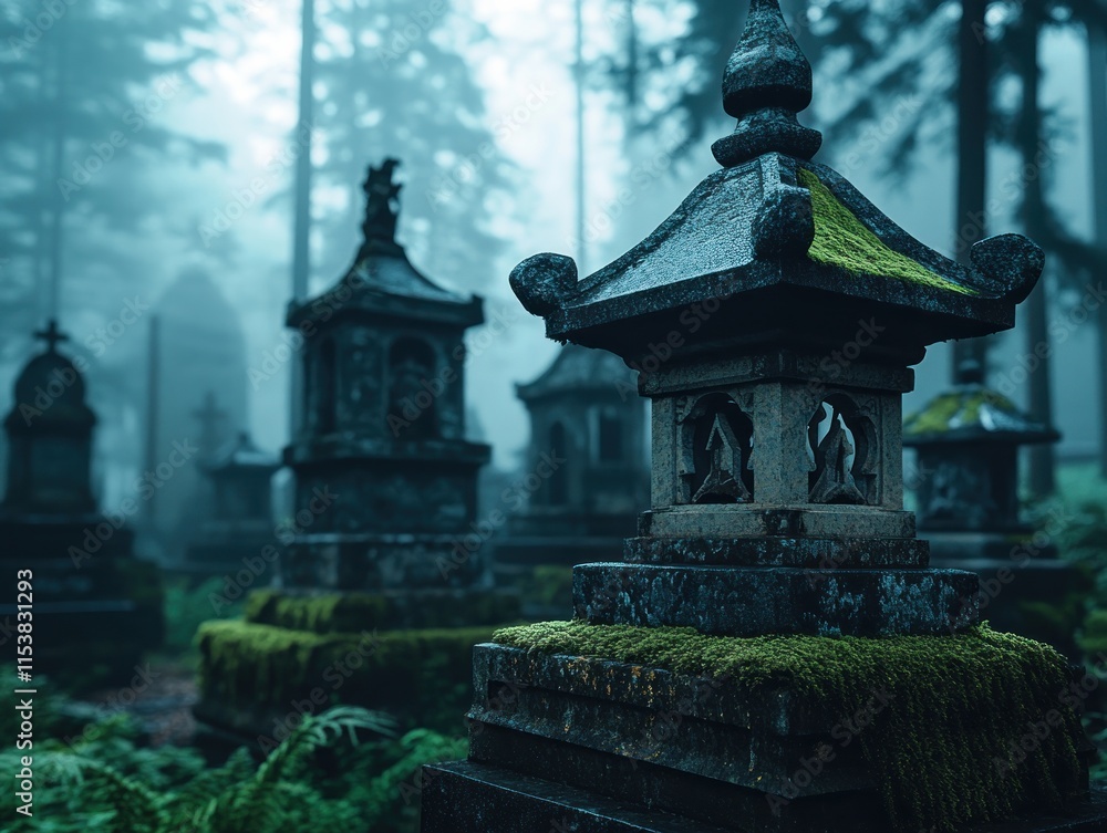 Explore the mystic cemetery with ancient memorials, where moss-covered stones whisper tales of the past A tranquil foggy morning sets a serene, yet haunting tone, a glimpse into history's solemn Explore the mystic cemetery with ancient memorials, where moss-covered stones whisper tales of the past A tranquil foggy morning sets a serene, yet haunting tone, a glimpse into history's solemn