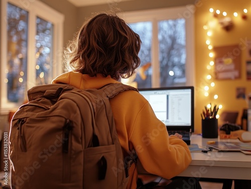 Quiet room study session for academic success, featuring a determined student at desk, focused on laptop, illustrating the importance of dedicated study time Motivation and staying driven during photo