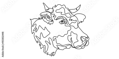 Continuous one line drawing dairy cow. Cattle. Dairy industry. Milk. Side view of a cow.One continuous line isolated minimal illustration, cow, bull, livestock, cattle, calf one line art. Continuous.