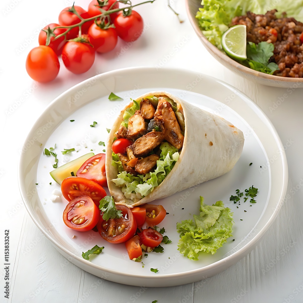 Mexican food placed centrally on a pristine white plate, Mexican food placed centrally on a pristine white plate,
