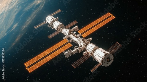 Fototapeta Naklejka Na Ścianę i Meble -  International space station orbiting Earth with solar panels extended in outer space technology background for science exploration mission satellite research cosmos