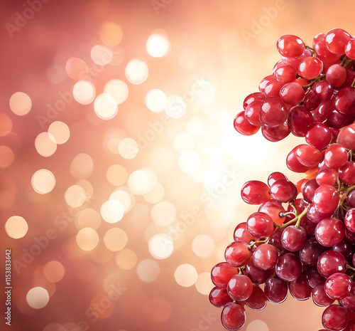 composition with grapes isolated over festive bokeh glowing background; concept of spanish tradition of 12 grapes for new year, 2025, new year resolutions, eve party, healthy lifestyle; copy space photo