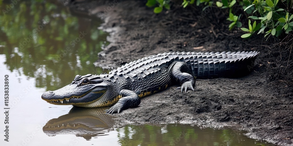 A crocodile resting by a muddy bank near water, showcasing its textured skin and environment. A crocodile resting by a muddy bank near water, showcasing its textured skin and environment.