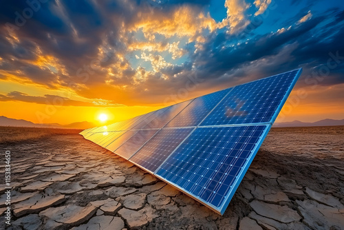 Modern Solar Panel Installation on Cracked Desert Ground at Vibrant Sunset, Highlighting Renewable Energy, Clean Technology, and Sustainability in Harsh Climate Environments