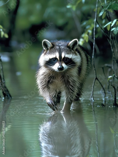 A raccoon wades through shallow water, reflecting its image on the surface. photo