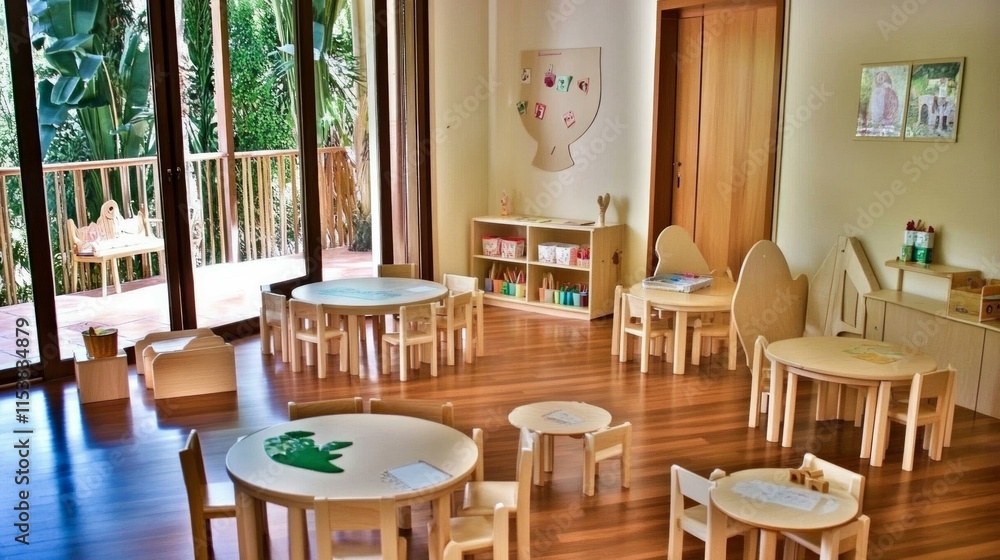 Colorful kindergarten class without childs ,school desk,chair,toy and decoration on background wall Colorful kindergarten class without childs ,school desk,chair,toy and decoration on background wall