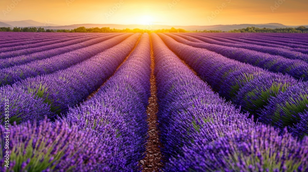 Obraz premium Breathtaking Sunset Over Lavender Field with Rows of Vibrant Purple Blossoms Stretching Towards the Horizon in a Picturesque Landscape Scene