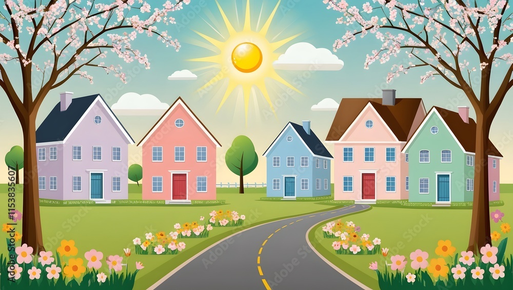 Naklejka premium Springtime Village Scene Cartoon background