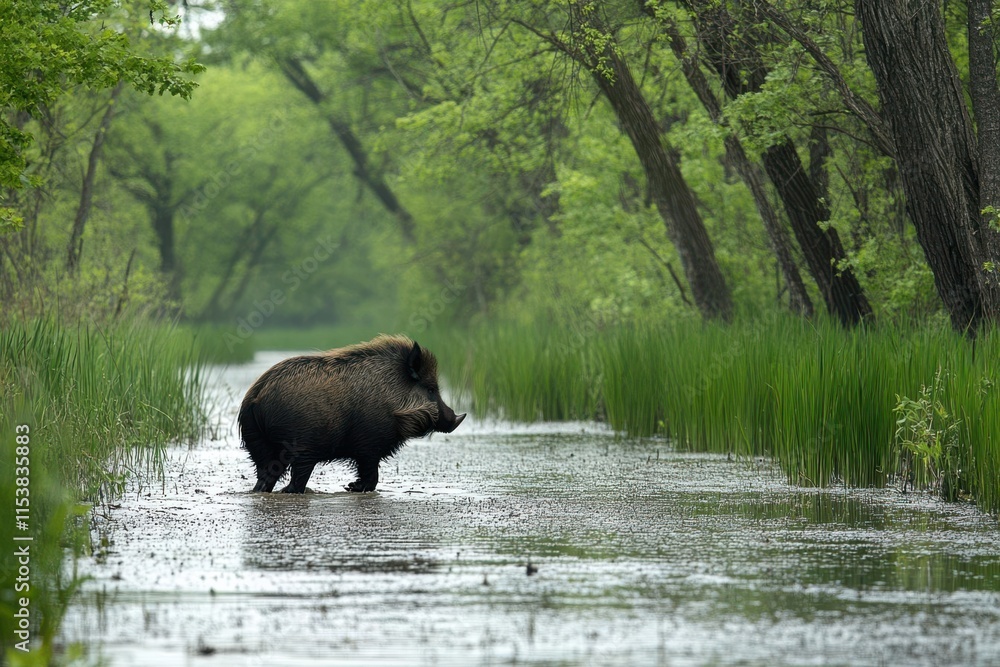 A wild boar wades through a tranquil, green-watered landscape surrounded by lush trees. A wild boar wades through a tranquil, green-watered landscape surrounded by lush trees.