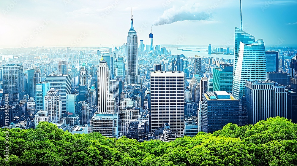 Obraz premium cityscape with skyscrapers overlaid with natural landscapes like forests and oceans, demonstrating urban sustainability and efforts to reduce carbon footprints. [environment]:[Reduce carbon 
