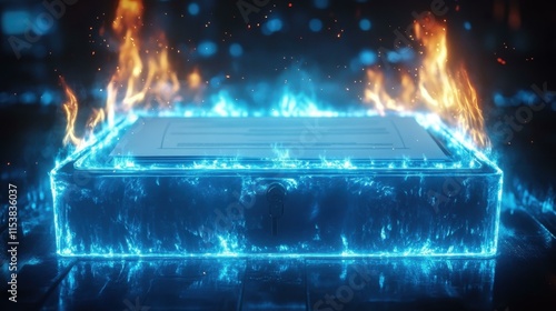 Pet cremation Hot wallet Thermal batteries Phone cooler Hosting core mecool Vflix Firewalla Fireblocks Motion array Futuristic glowing blue and fiery flaming rectangular device with holographic edges