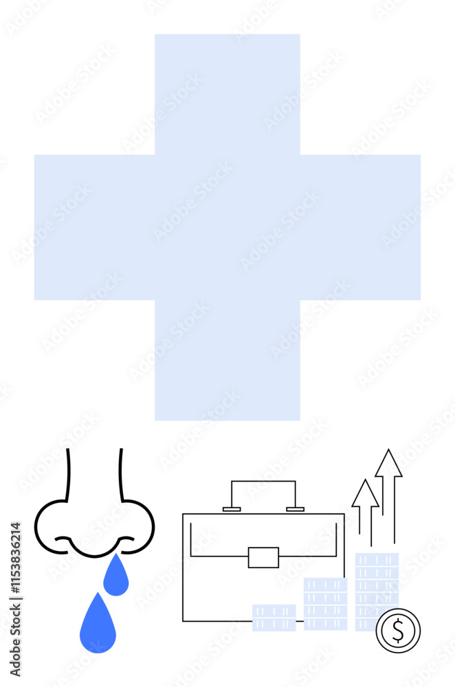 Big blue cross, nose with blue drips, briefcase, bar chart with arrow, and coin symbolizing medical, health, business, financial growth. Ideal for health finance business strategy economics Big blue cross, nose with blue drips, briefcase, bar chart with arrow, and coin symbolizing medical, health, business, financial growth. Ideal for health finance business strategy economics