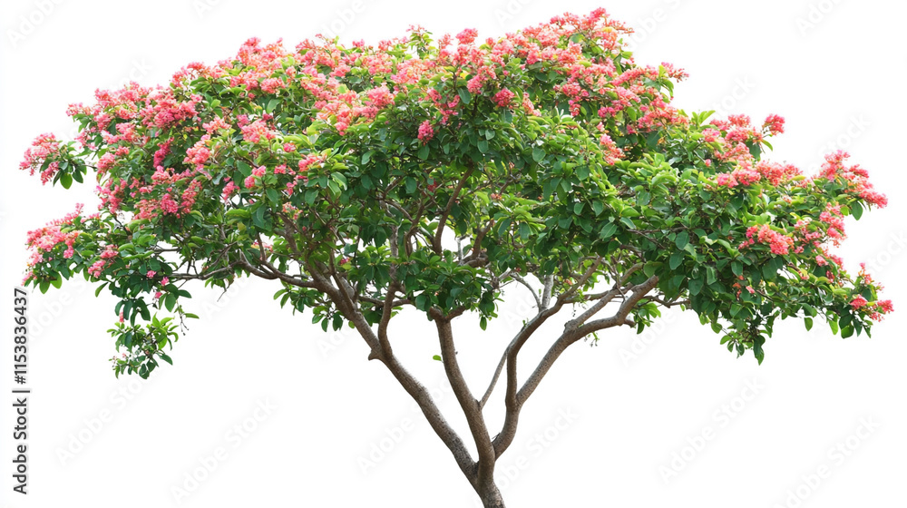 Fototapeta premium Tropical plant bush shrub red pink flower green tree isolated on white background. This has clipping path.