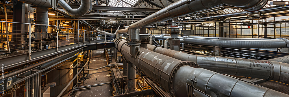 Industrial Ductwork System in Factory Setting Highlighting Ventilation Efficiency and Environmental Control Industrial Ductwork System in Factory Setting Highlighting Ventilation Efficiency and Environmental Control