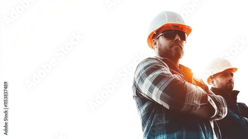 Man in project cap standing on blank background looking at camera, with crossed arms and serious and authoritative expression very convincing and ready to work