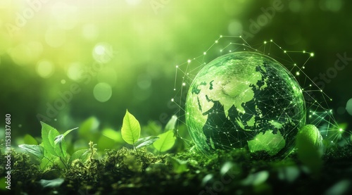 Green planet Earth with leaves and technology connections for a sustainable environment concept background, a digital world or global network. 
